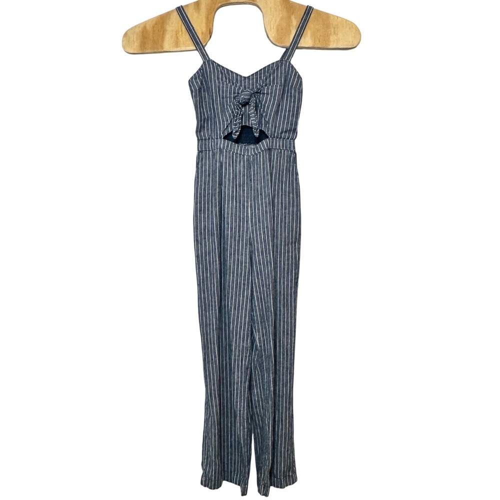 Abercrombie Fitch Blue White Striped Linen Blend Tie Front Cutout Jumpsuit XS